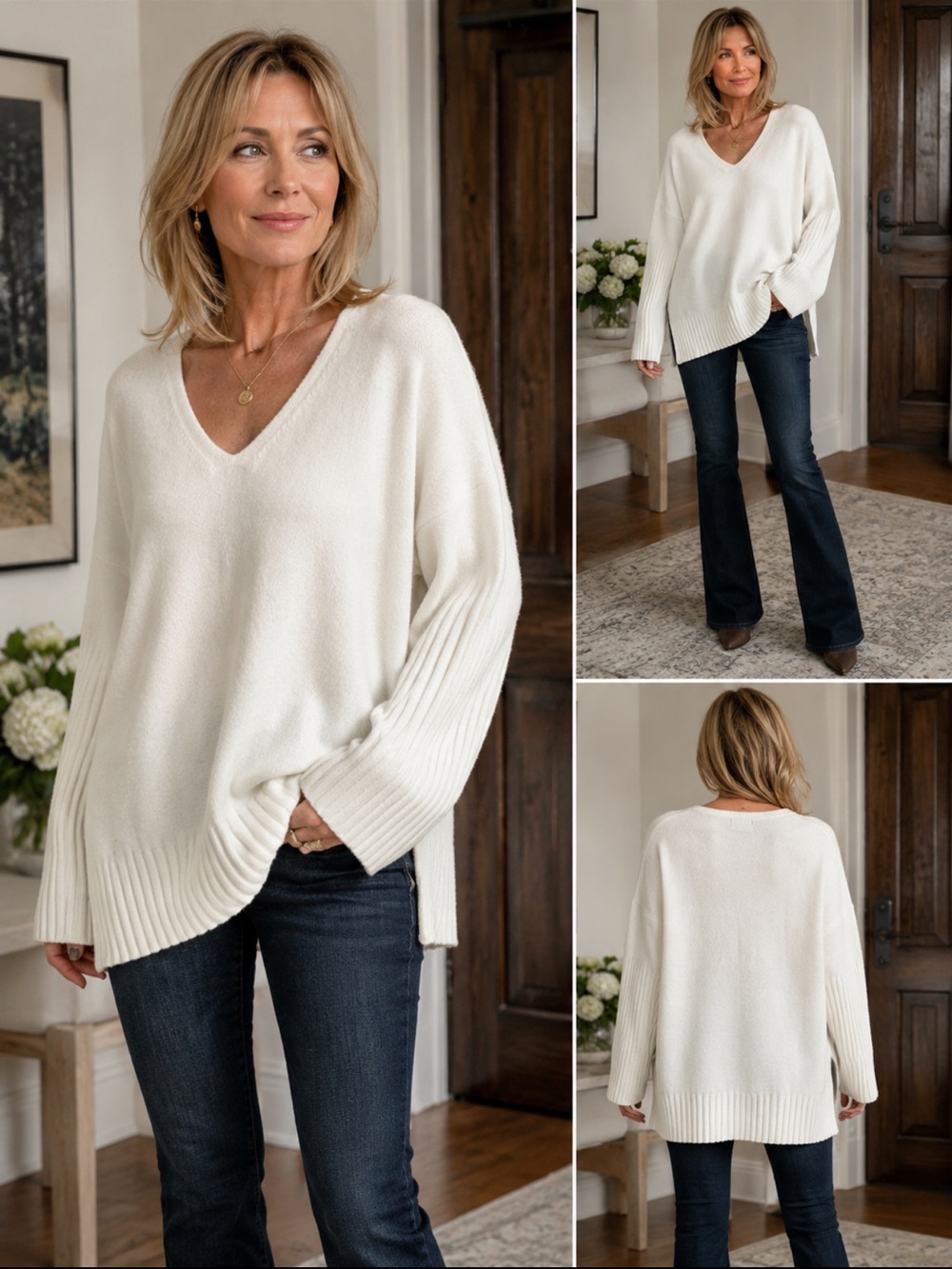 French Connection Ivory Oversized V-Neck Rib Sleeve Sweater Size Small